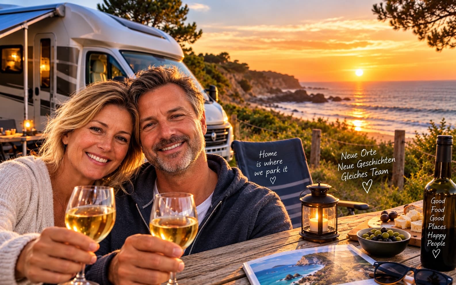 Wir beide mit Wein vor dem Wohnmobil an der Atlantikküste bei Sonnenuntergang