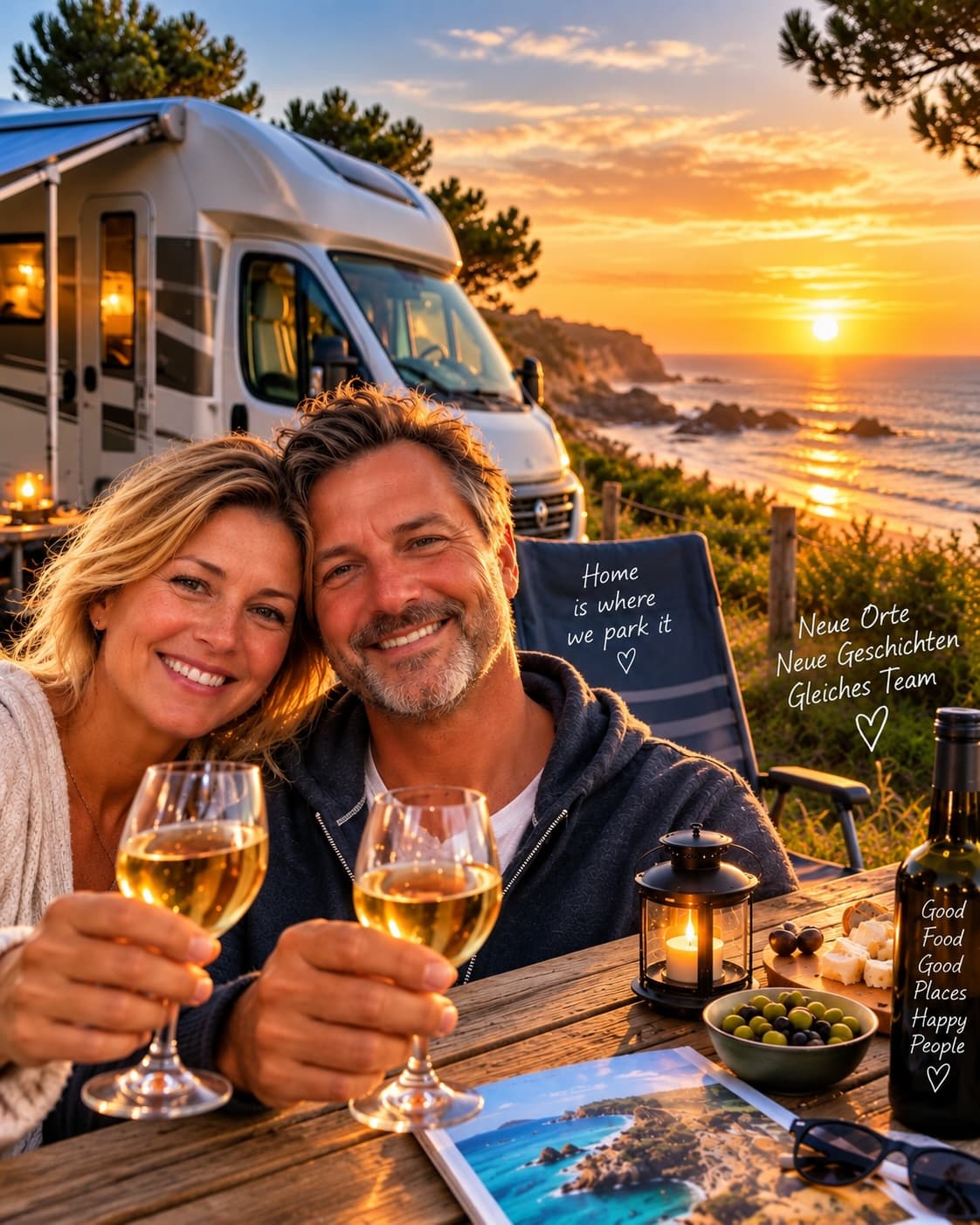 Wir beide mit Wein vor dem Wohnmobil an der Atlantikküste bei Sonnenuntergang
